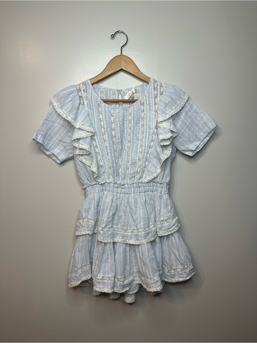 LoveShackFancy Natasha Blue and White Striped Mini Dress Lace Ruffle Sz XXS